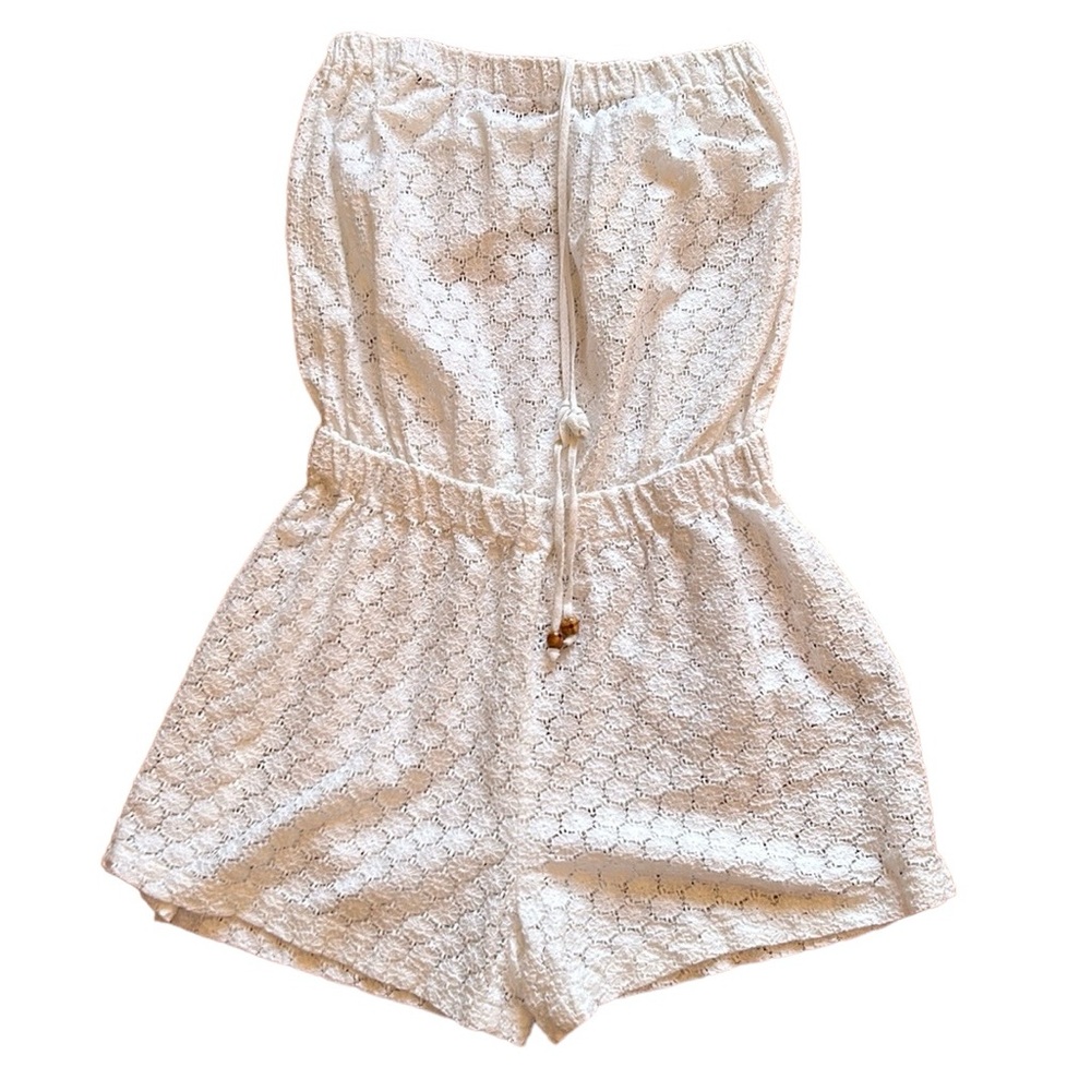Lace Strapless Romper Shorts in Cream